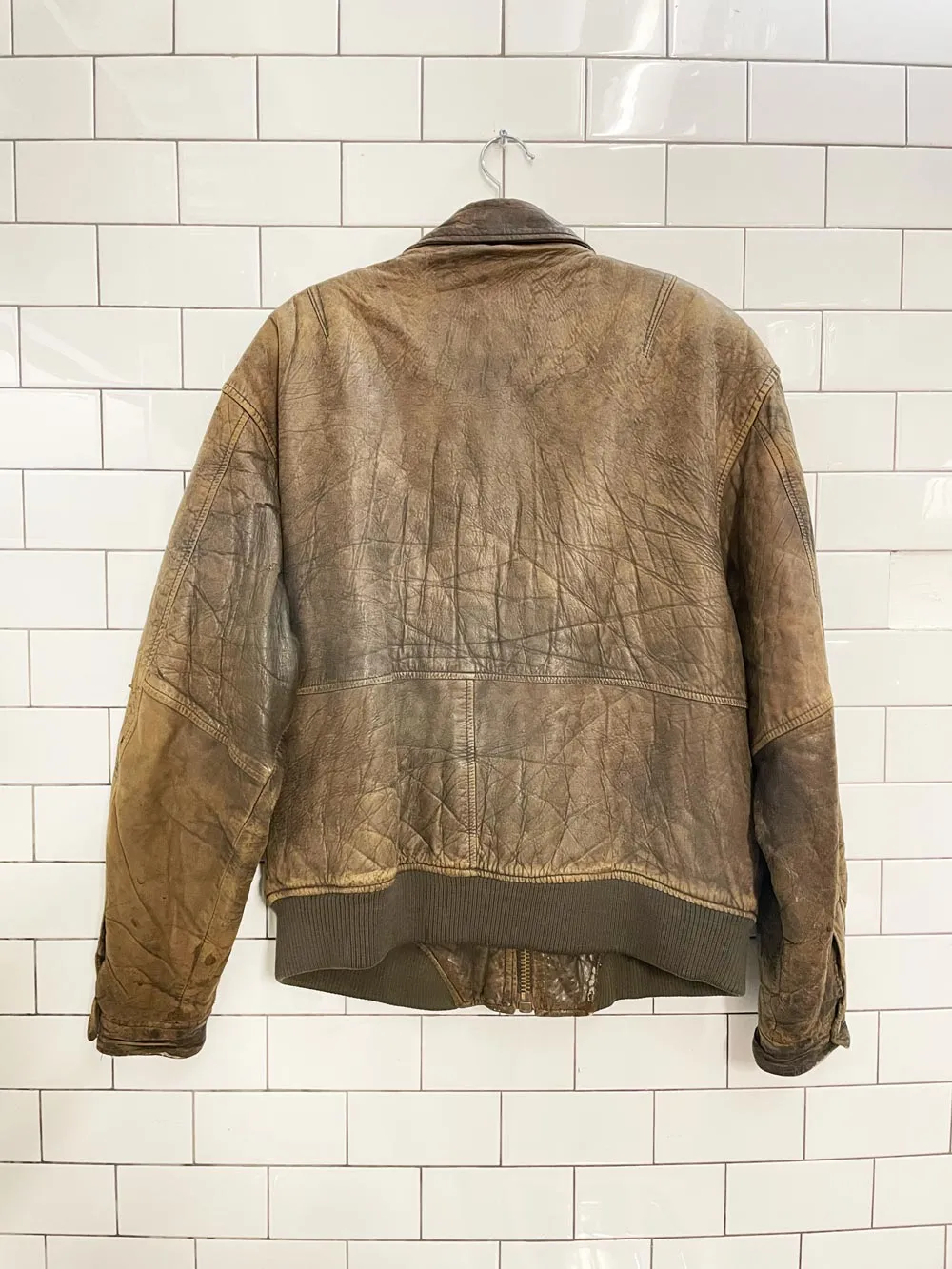 vintage moores distressed leather bomber jacket sold by Good Market Thrift Store product image thumbnail 3