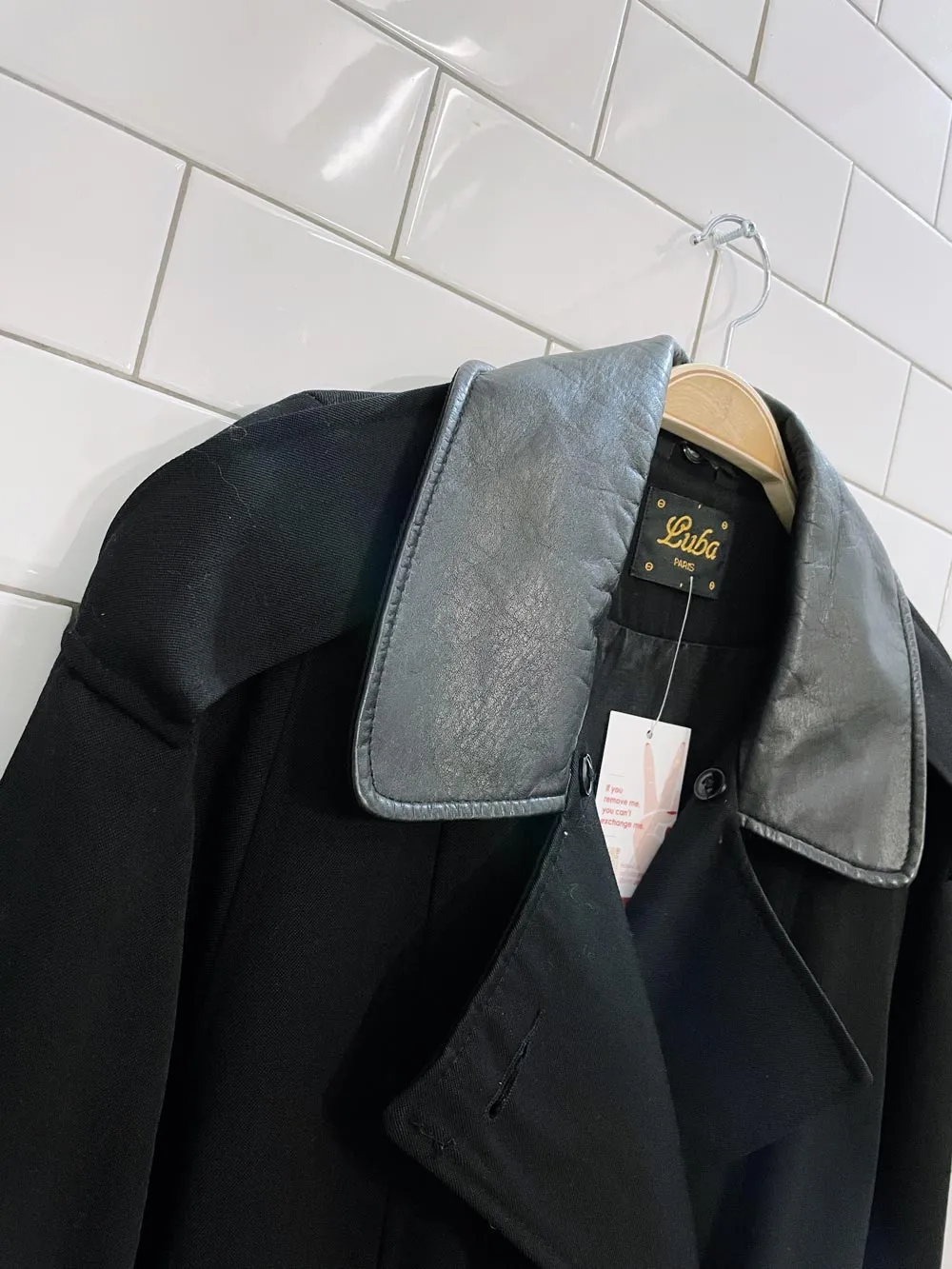 vintage luba paris leather trim belted wool trench coat sold by Good Market Thrift Store product image thumbnail 3