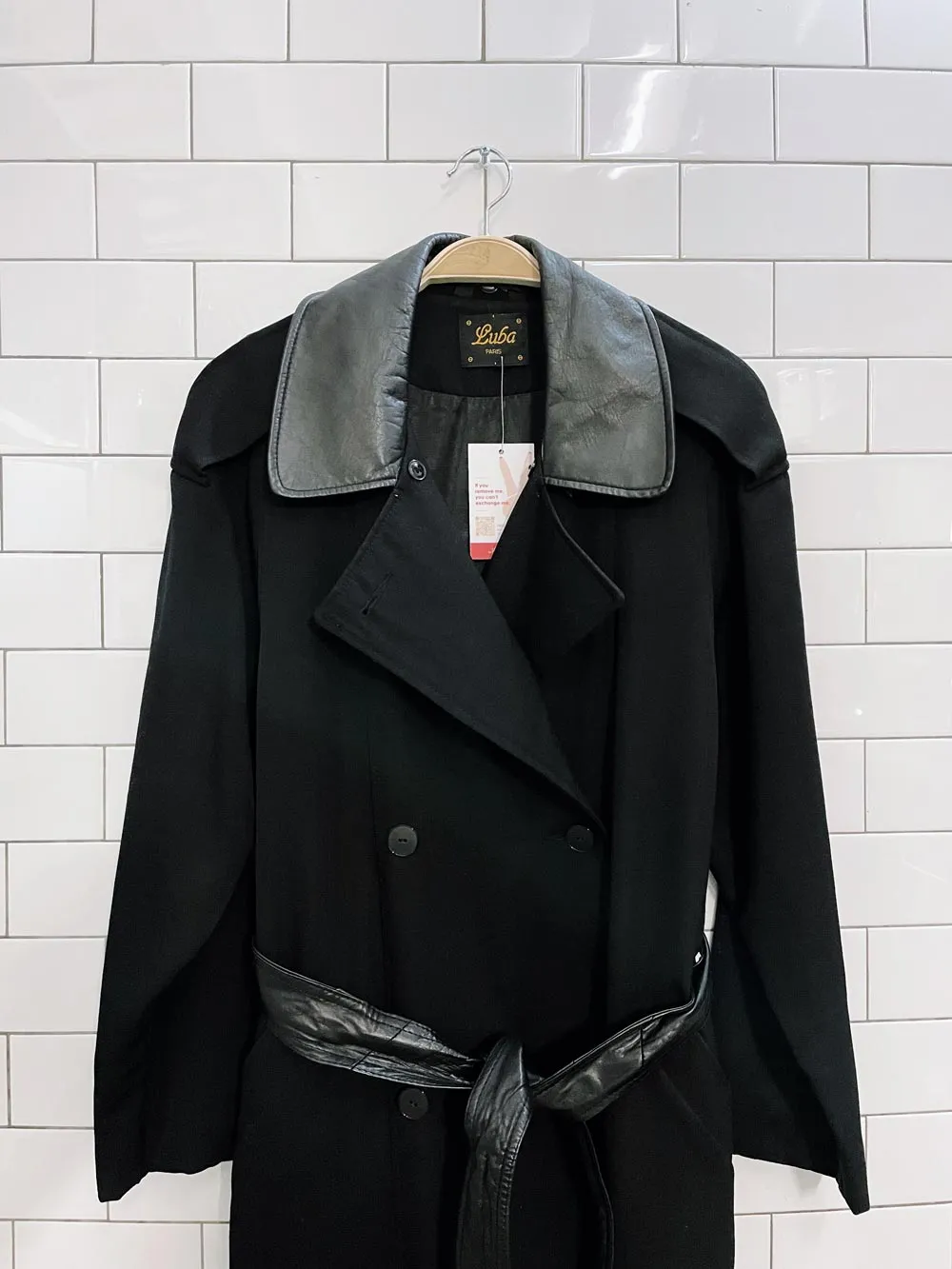 vintage luba paris leather trim belted wool trench coat sold by Good Market Thrift Store