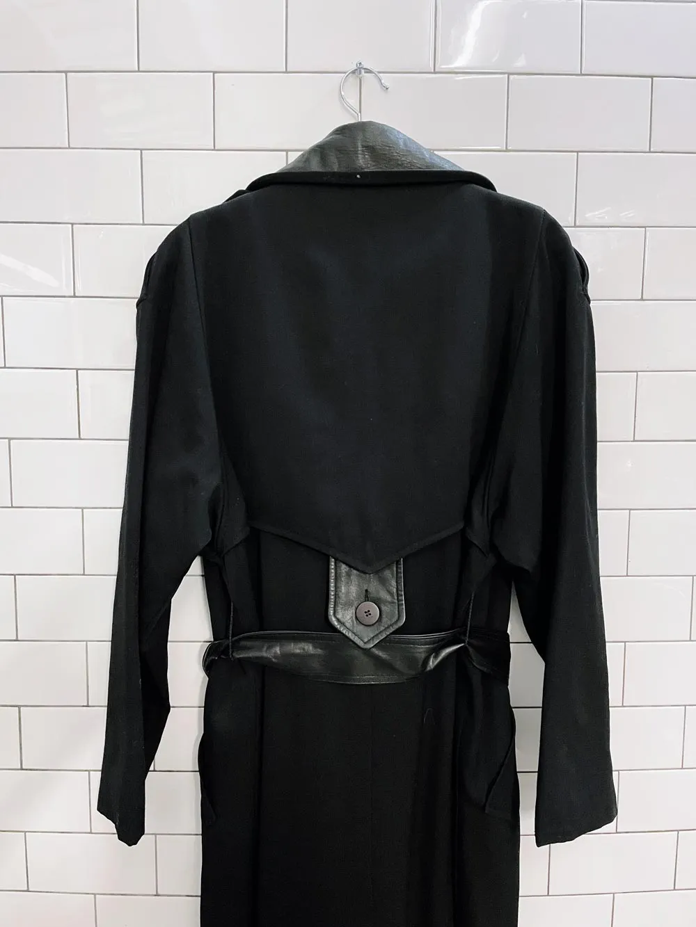 vintage luba paris leather trim belted wool trench coat sold by Good Market Thrift Store product image thumbnail 2