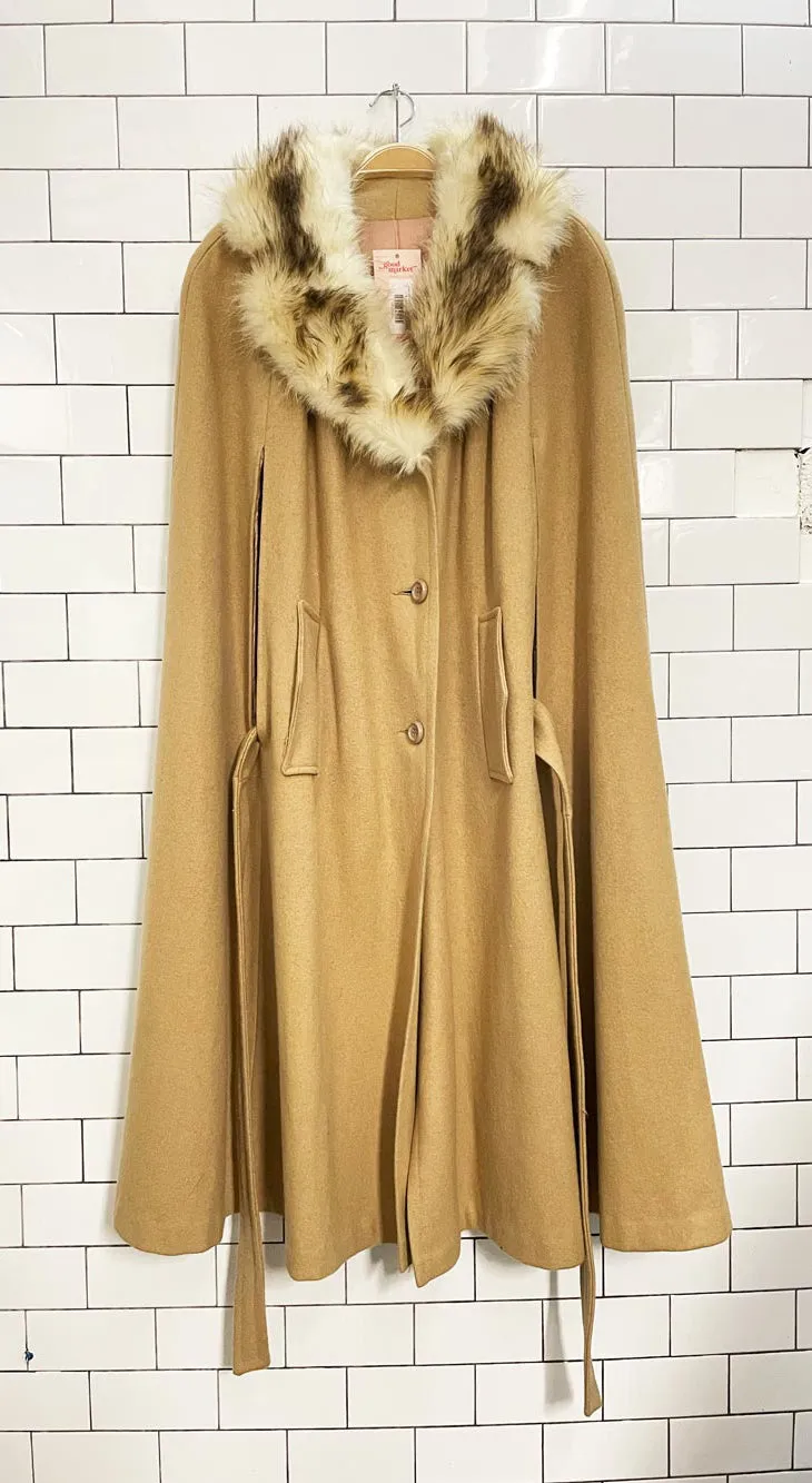 vintage 80s sears wool belted cape w detachable fox fur collar sold by Good Market Thrift Store