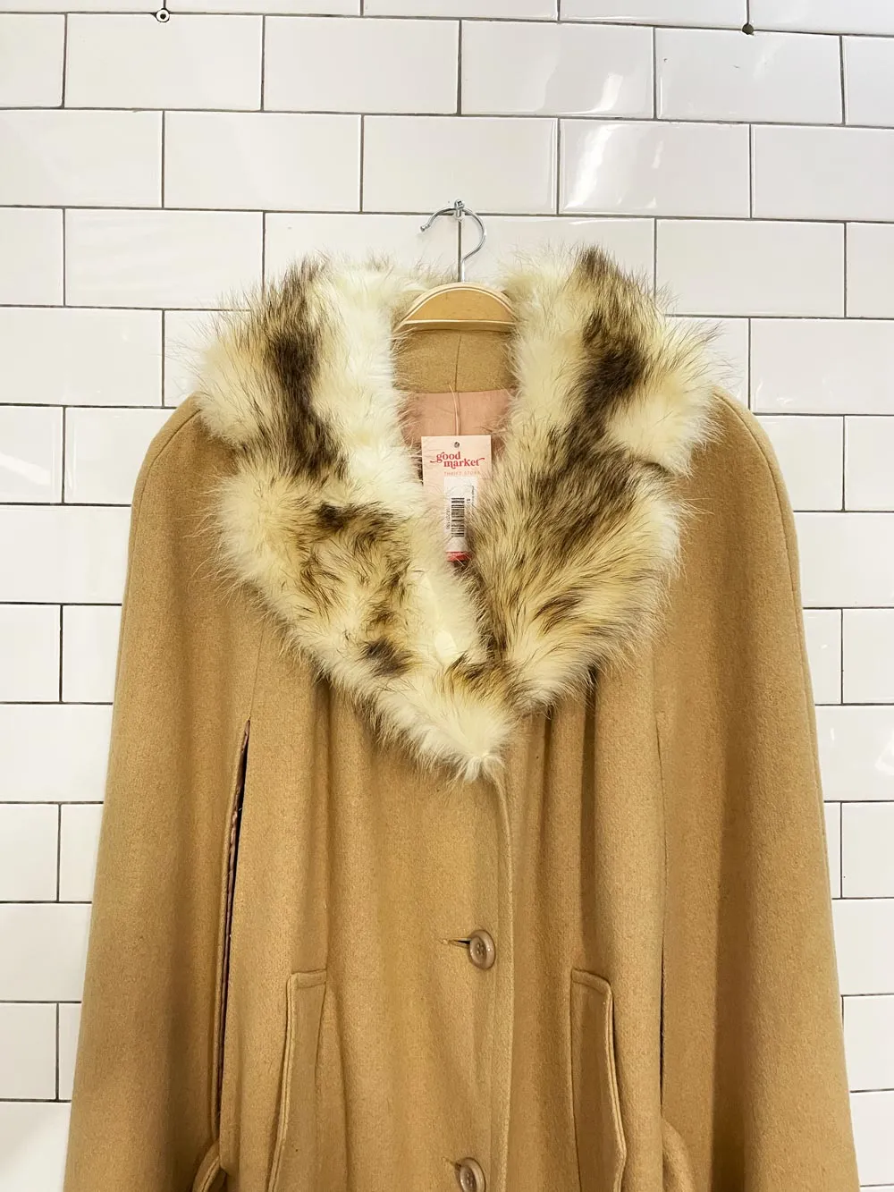 vintage 80s sears wool belted cape w detachable fox fur collar sold by Good Market Thrift Store product image thumbnail 2