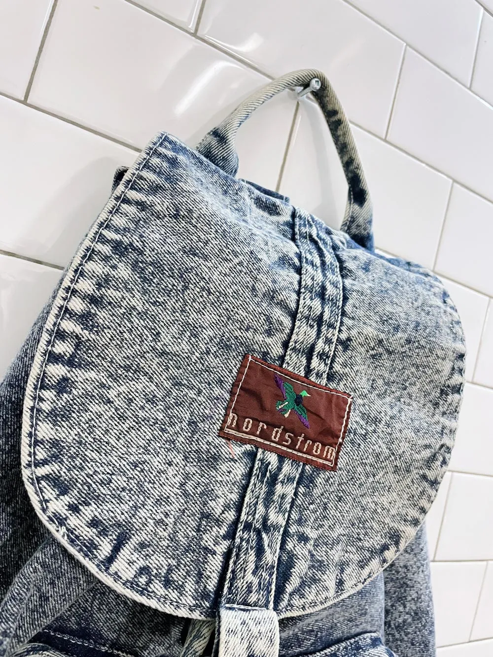 vintage 80s liz thomas acid wash denim backpack sold by Good Market Thrift Store product image thumbnail 2