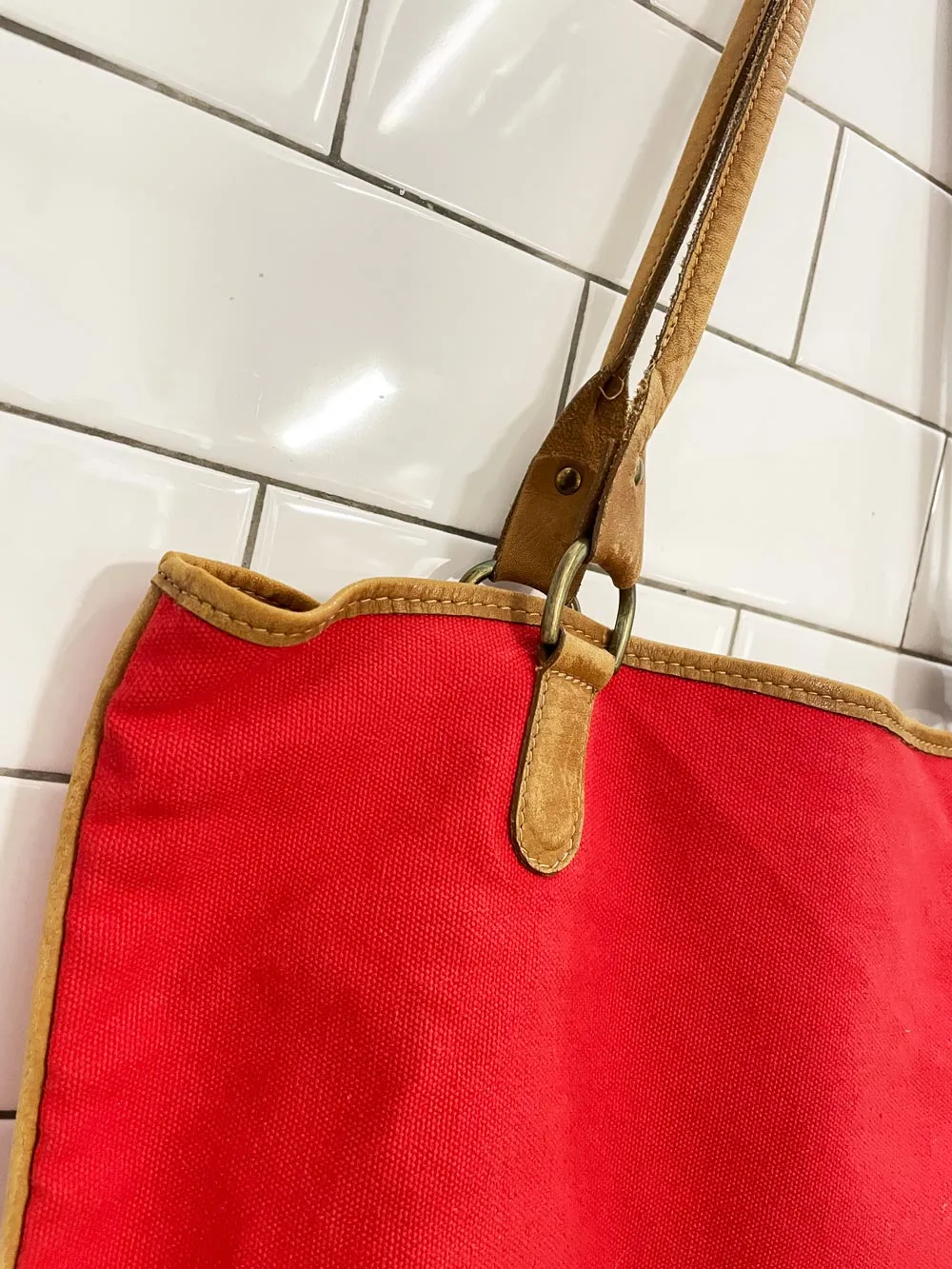 vintage red canvas leather trim tote bag sold by Good Market Thrift Store product image thumbnail 2