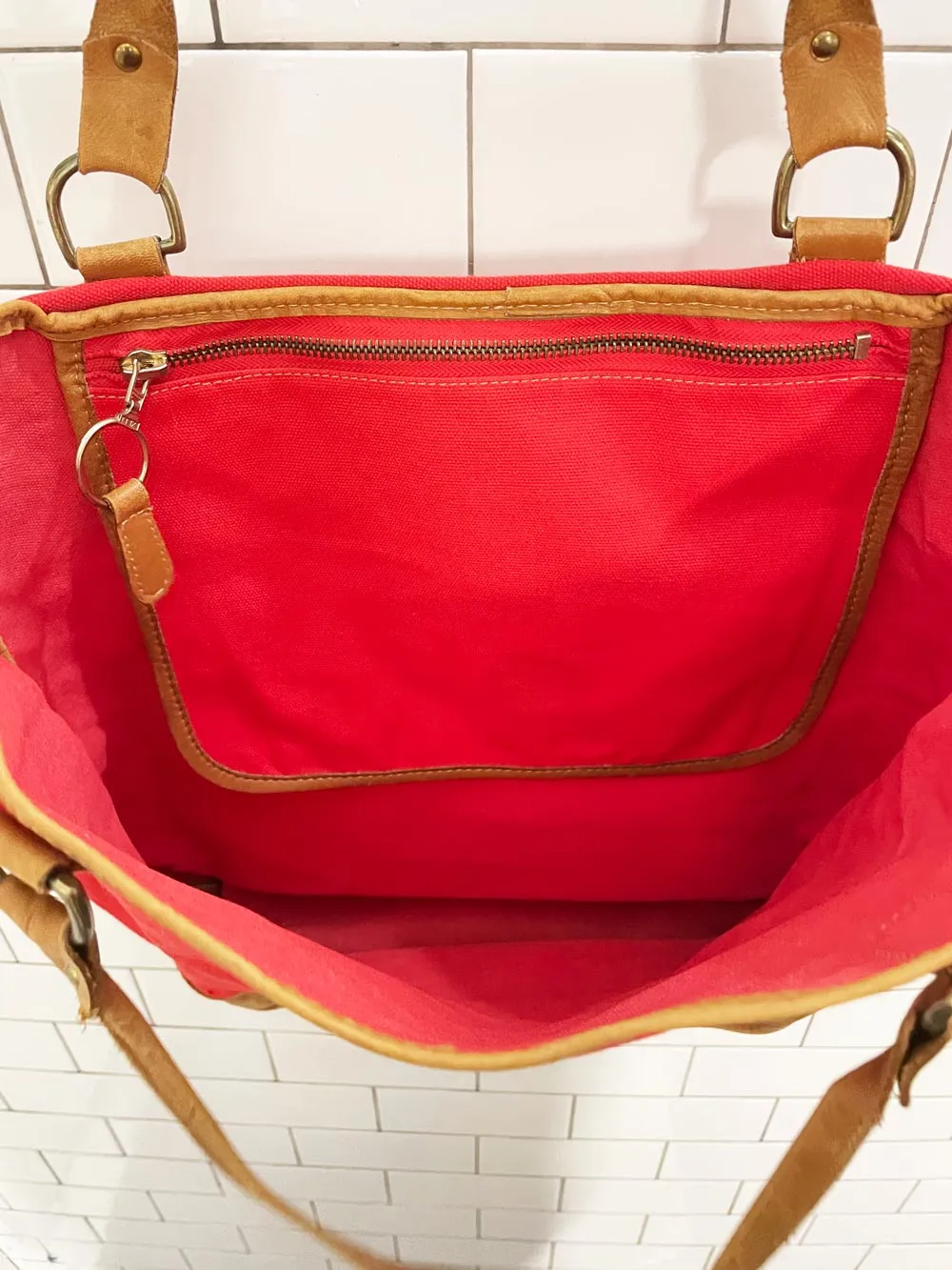 vintage red canvas leather trim tote bag sold by Good Market Thrift Store product image thumbnail 3