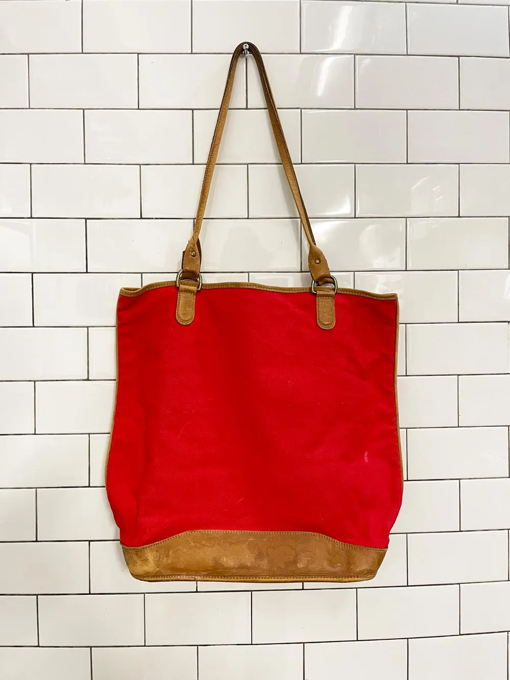 vintage red canvas leather trim tote bag sold by Good Market Thrift Store