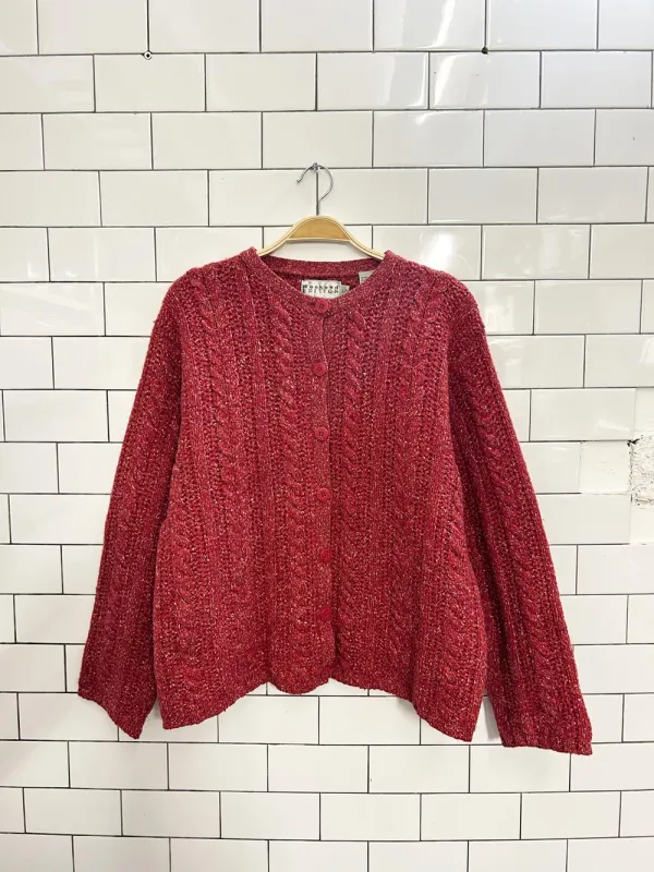 vintage 00s winter edition wool-blend cable knit cardigan sold by Good Market Thrift Store