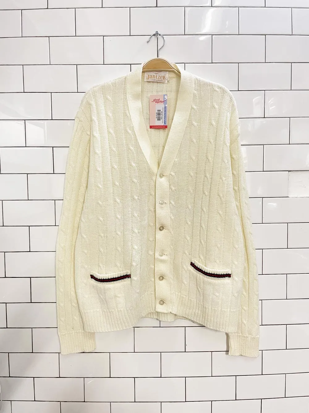 vintage 80s jantzen preppy cable knit cardigan sold by Good Market Thrift Store