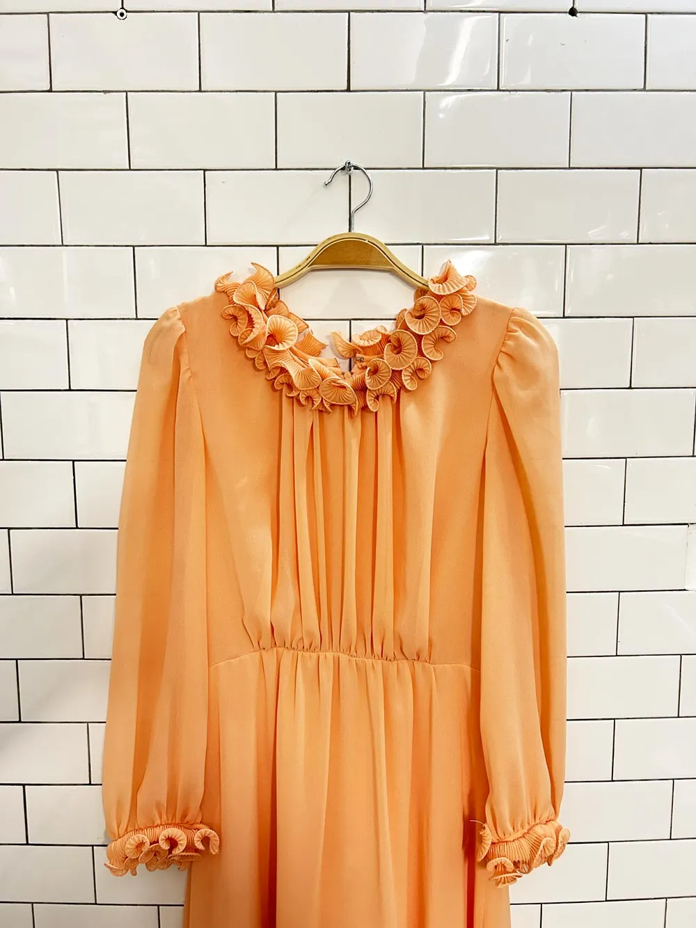 vintage 70s union made ruffle chiffon maxi dress sold by Good Market Thrift Store