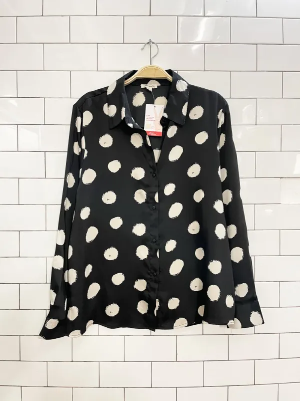 ultra pink polka dot satin blouse sold by Good Market Thrift Store