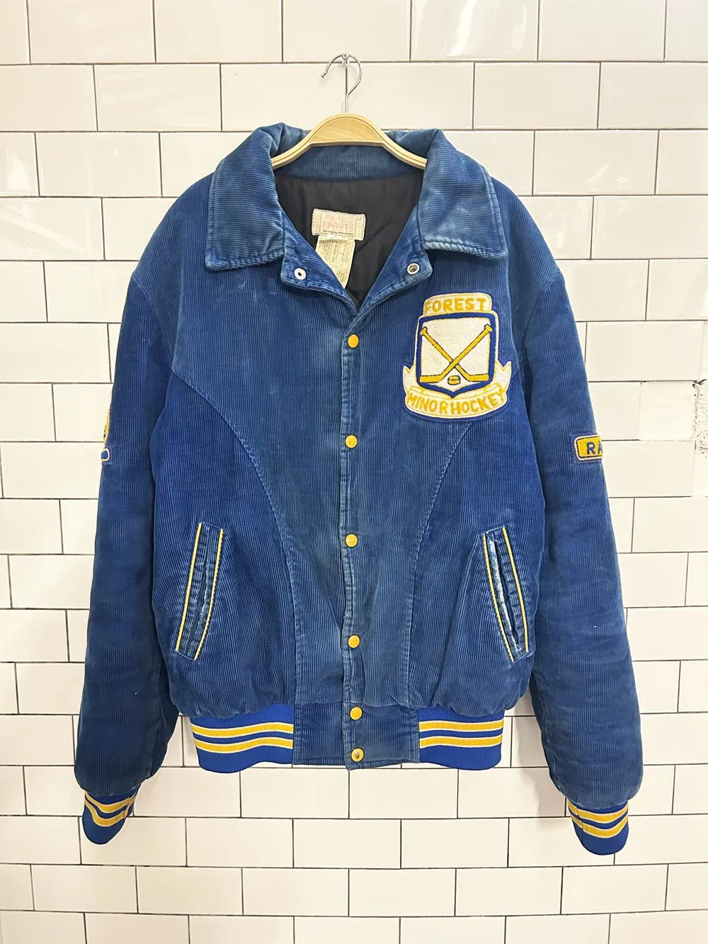 vintage 80s varsity hockey corduroy bomber jacket sold by Good Market Thrift Store