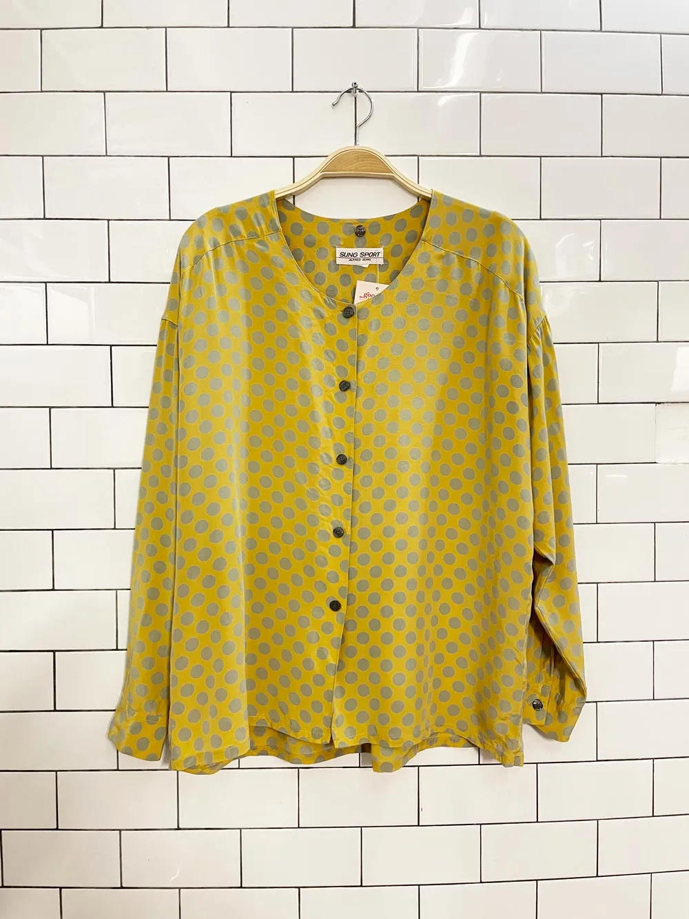 vintage 90s alfred sung polka dot silk blouse sold by Good Market Thrift Store