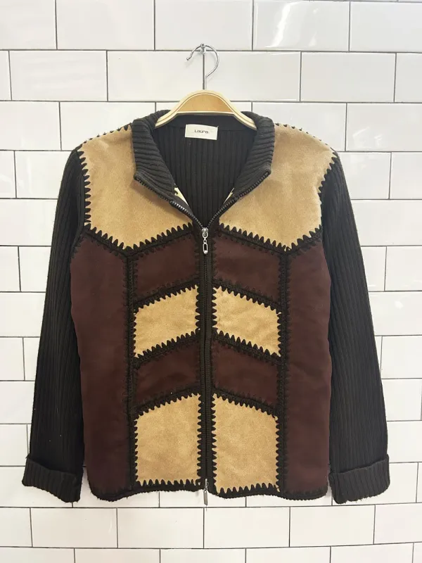 vintage 00s laura boho suede crochet patch zip sweater sold by Good Market Thrift Store