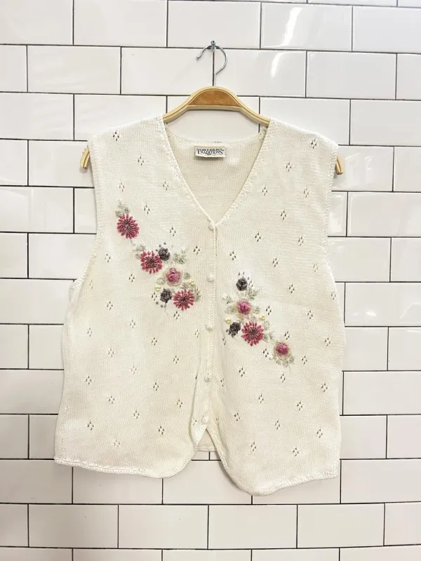 vintage 00s northern traditions floral embroidered eyelet knit vest sold by Good Market Thrift Store