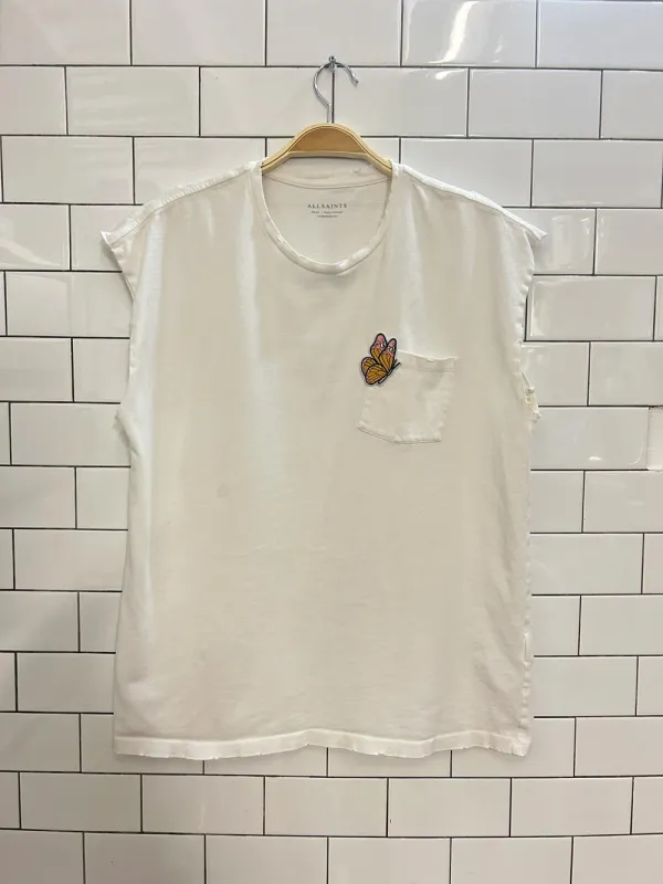 all saints x rework butterfly patch muscle tee sold by Good Market Thrift Store