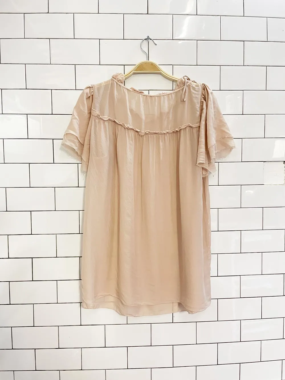 peach silk chiffon short sleeve blouse sold by Good Market Thrift Store product image thumbnail 3