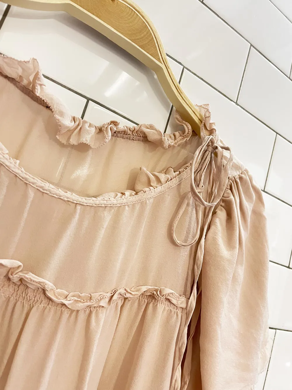 peach silk chiffon short sleeve blouse sold by Good Market Thrift Store product image thumbnail 2