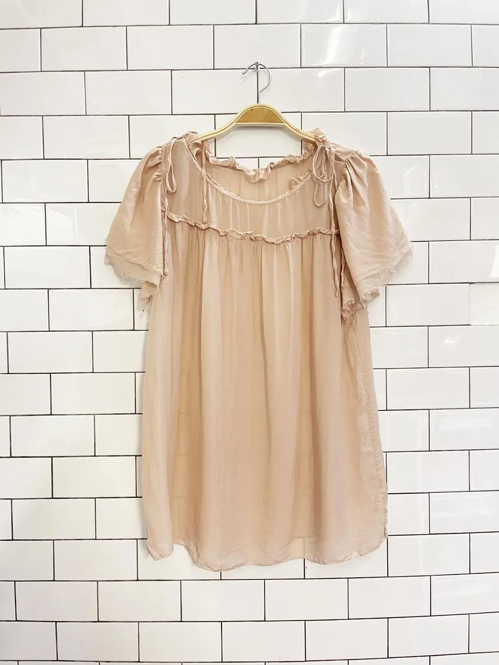 peach silk chiffon short sleeve blouse sold by Good Market Thrift Store