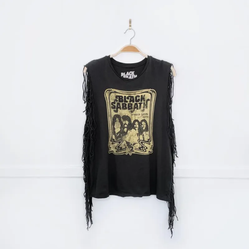 black sabbath x topshop 1977 world tour reprint full fringe sleeveless tee sold by Good Market Thrift Store