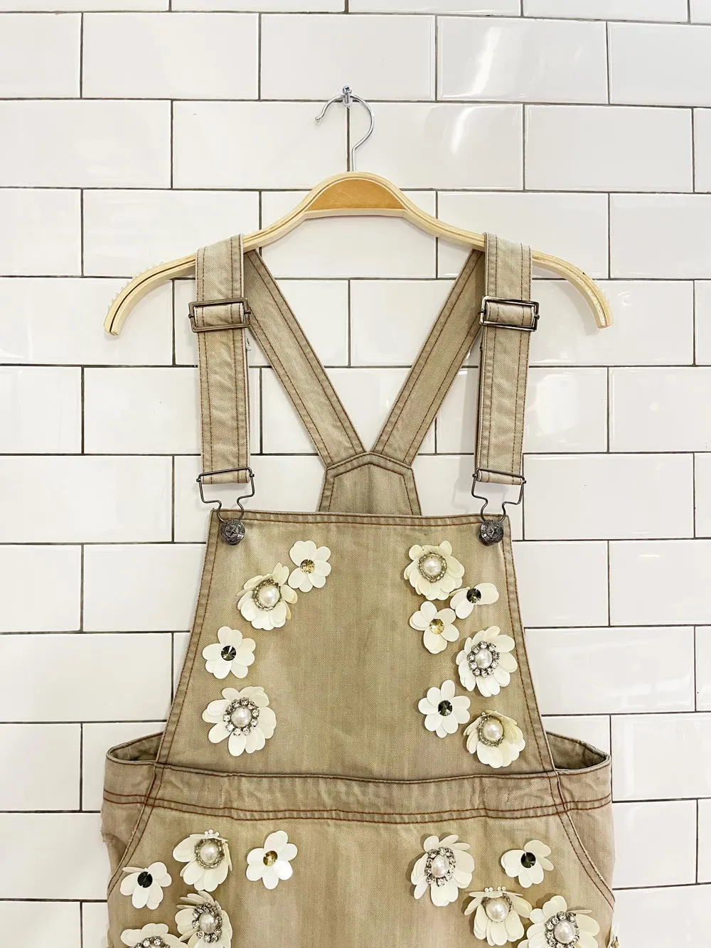 embellished flowers denim overall jumper sold by Good Market Thrift Store