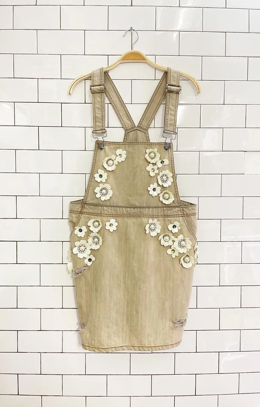 embellished flowers denim overall jumper sold by Good Market Thrift Store product image thumbnail 4