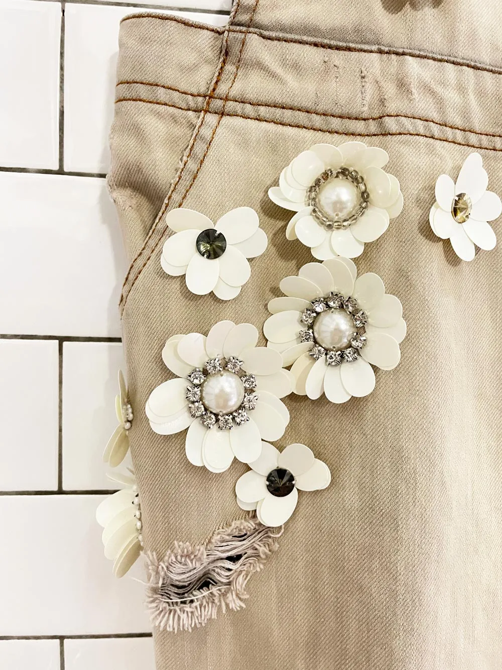 embellished flowers denim overall jumper sold by Good Market Thrift Store product image thumbnail 3