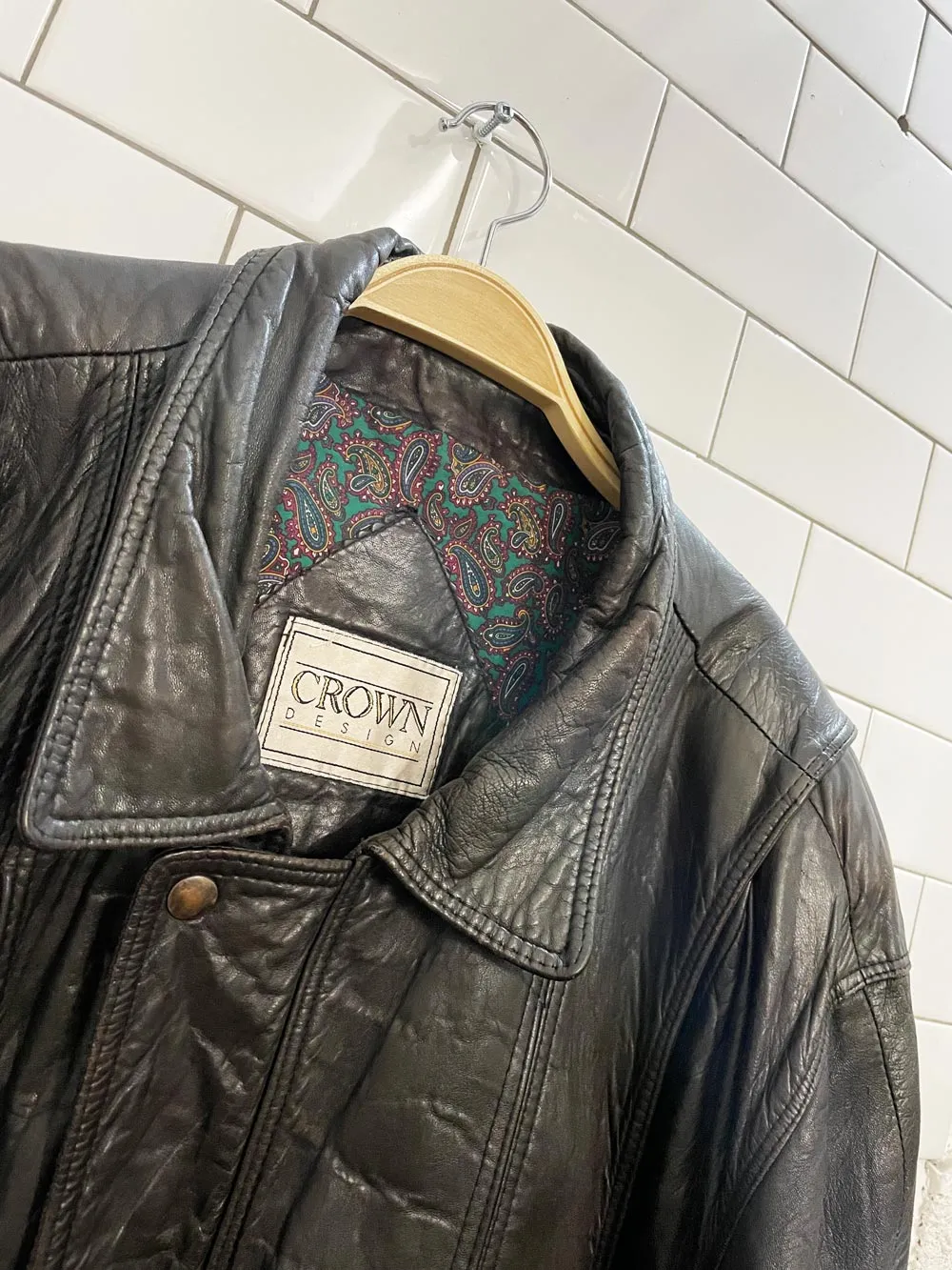 vintage 90s crown design soft leather bomber jacket sold by Good Market Thrift Store product image thumbnail 2