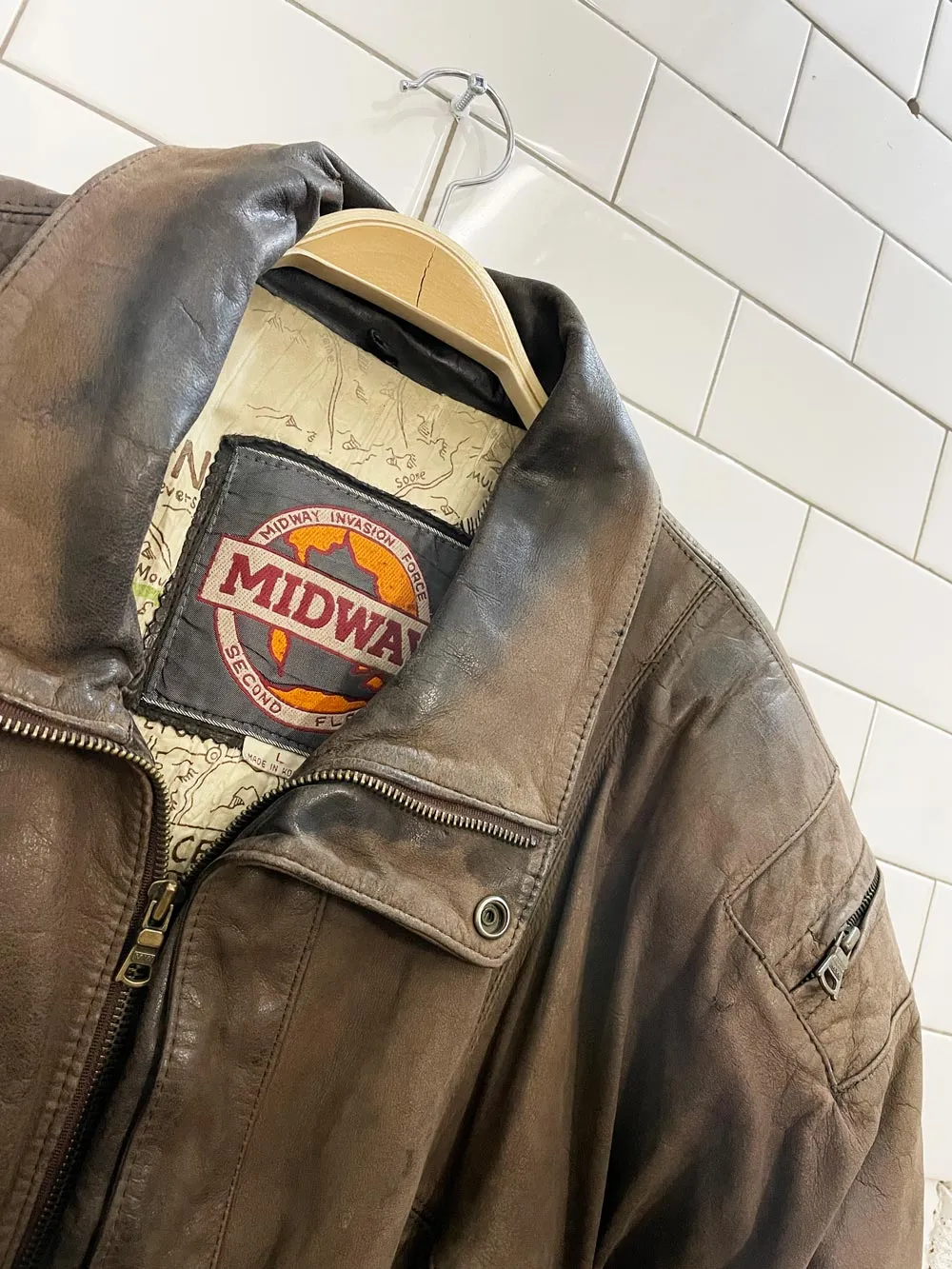 vintage midway invasion force leather bomber jacket sold by Good Market Thrift Store product image thumbnail 2
