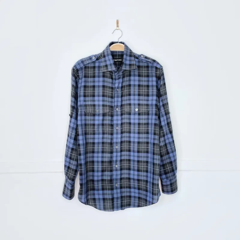 tom ford plaid epaulette utility shirt sold by Good Market Thrift Store