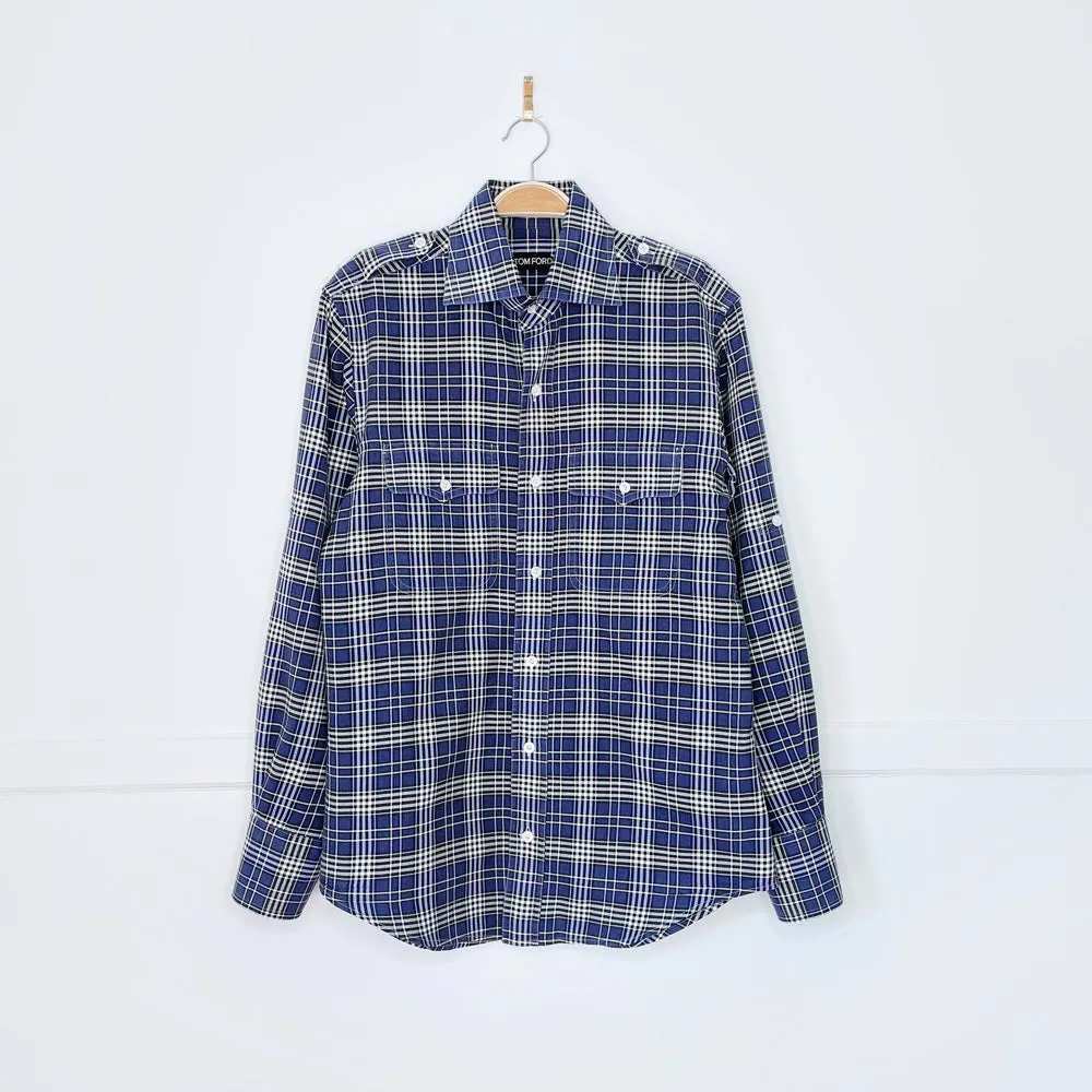 tom ford plaid epaulette utility shirt sold by Good Market Thrift Store