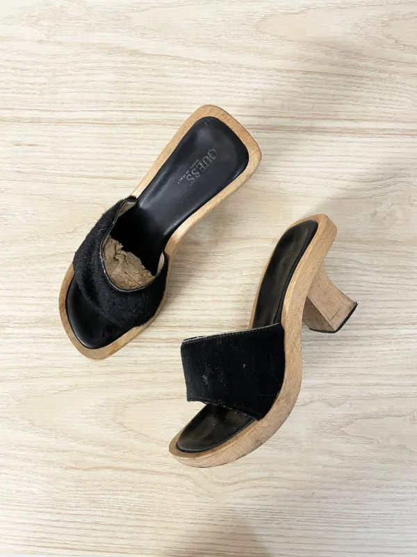 y2k guess calf hair wood clog heeled sandals sold by Good Market Thrift Store