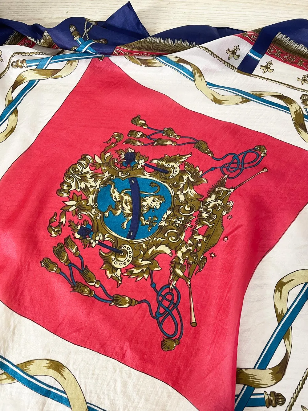 vintage 100% silk lion crest printed xl scarf sold by Good Market Thrift Store