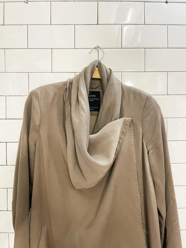 all saints asymmetrical drape front trench coat sold by Good Market Thrift Store