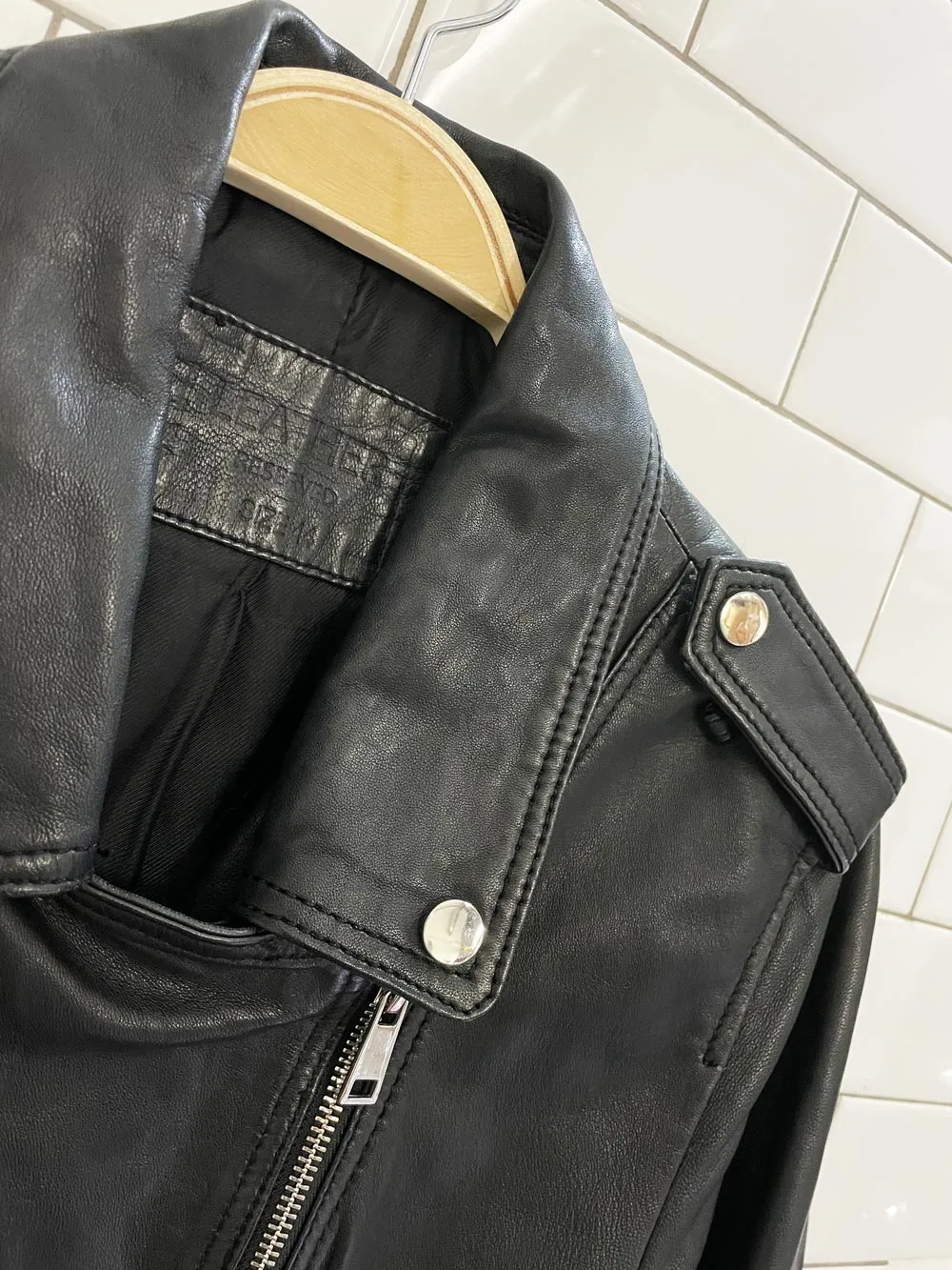 leather reserved butter leather biker jacket sold by Good Market Thrift Store product image thumbnail 2