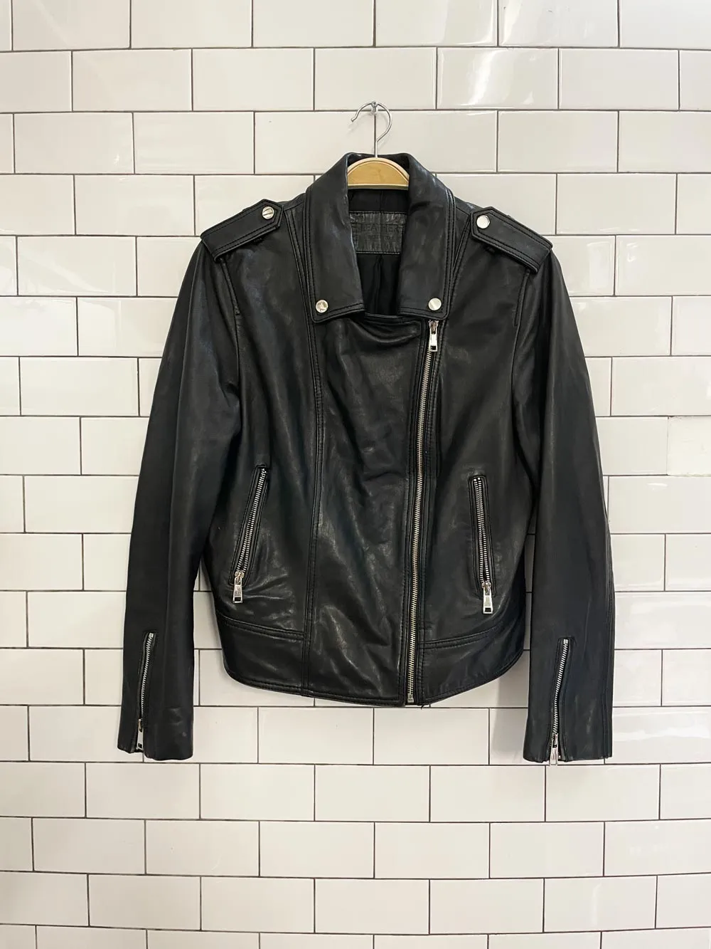 leather reserved butter leather biker jacket sold by Good Market Thrift Store