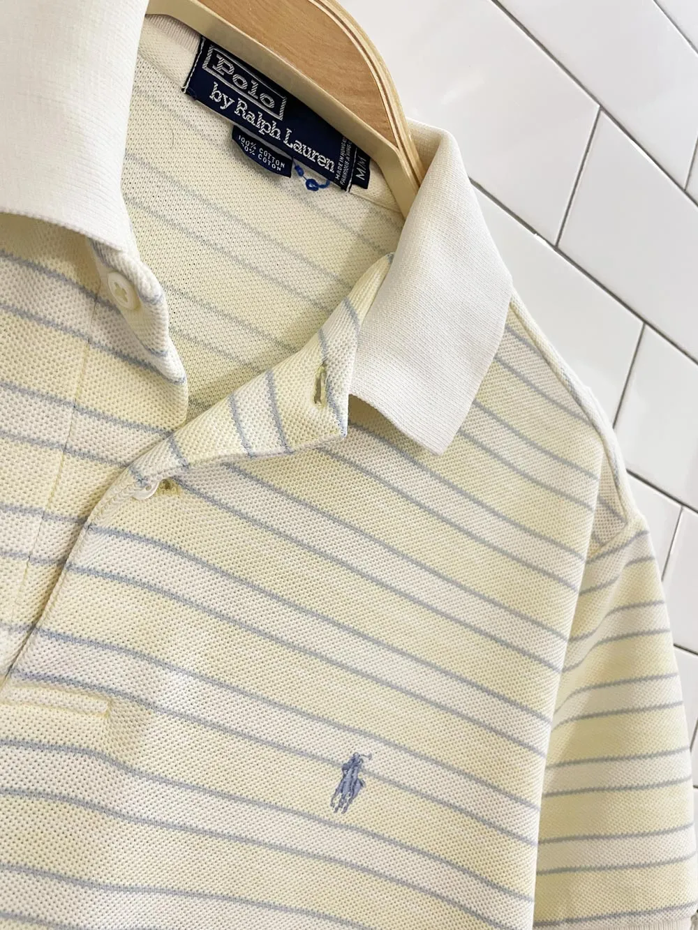 vintage 90s polo ralph lauren butter yellow stripe polo sold by Good Market Thrift Store product image thumbnail 2