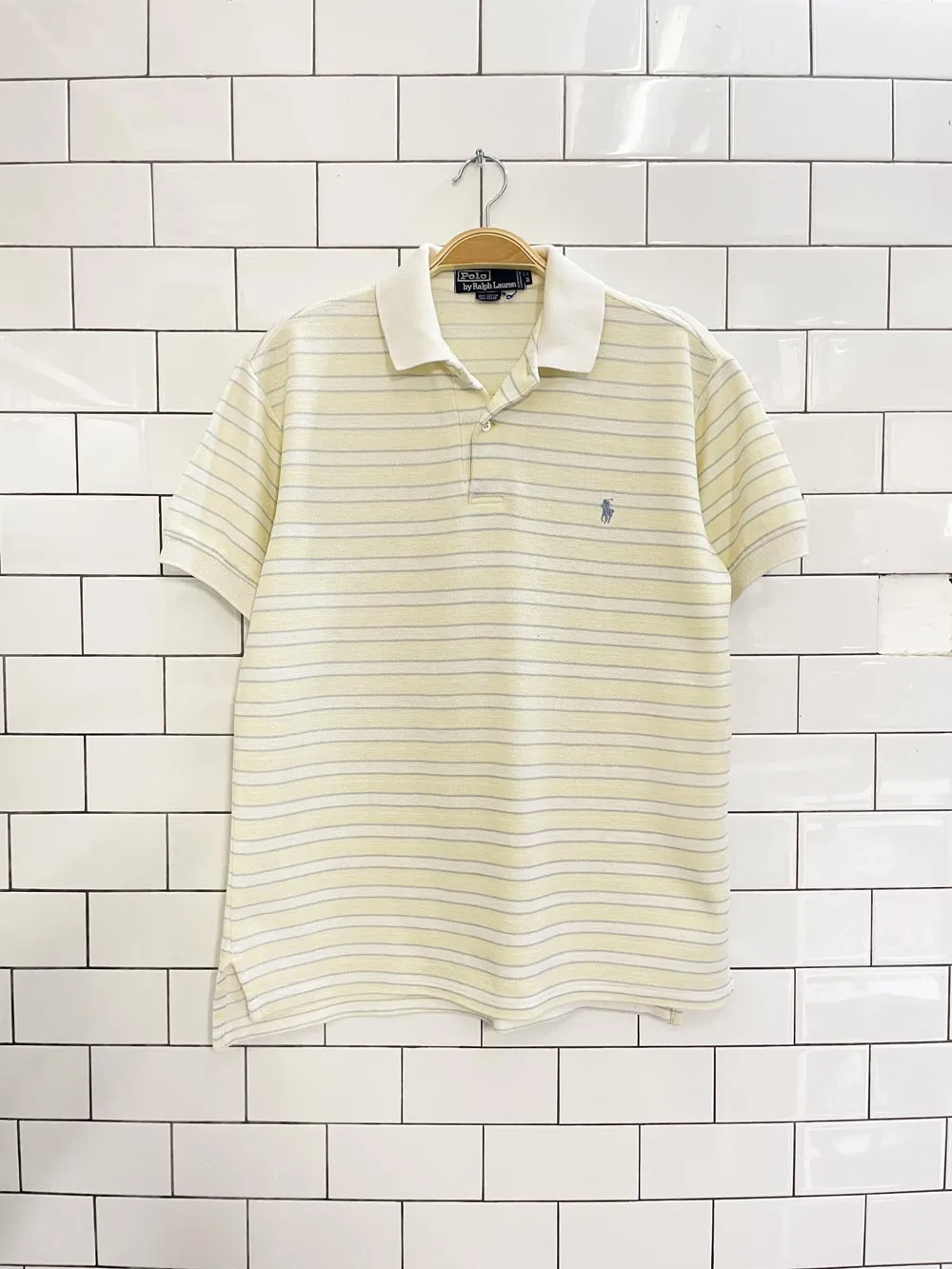 vintage 90s polo ralph lauren butter yellow stripe polo sold by Good Market Thrift Store