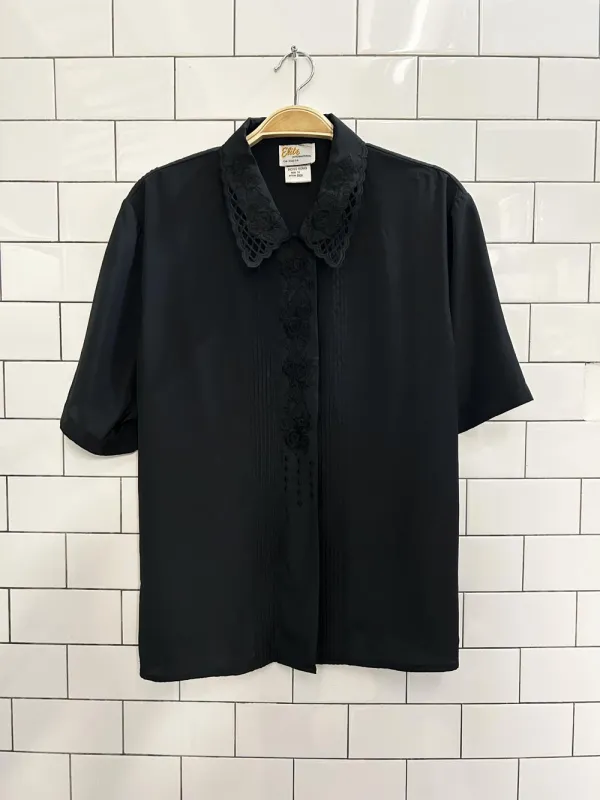 vintage elite laser cut embroidered collar satin blouse sold by Good Market Thrift Store