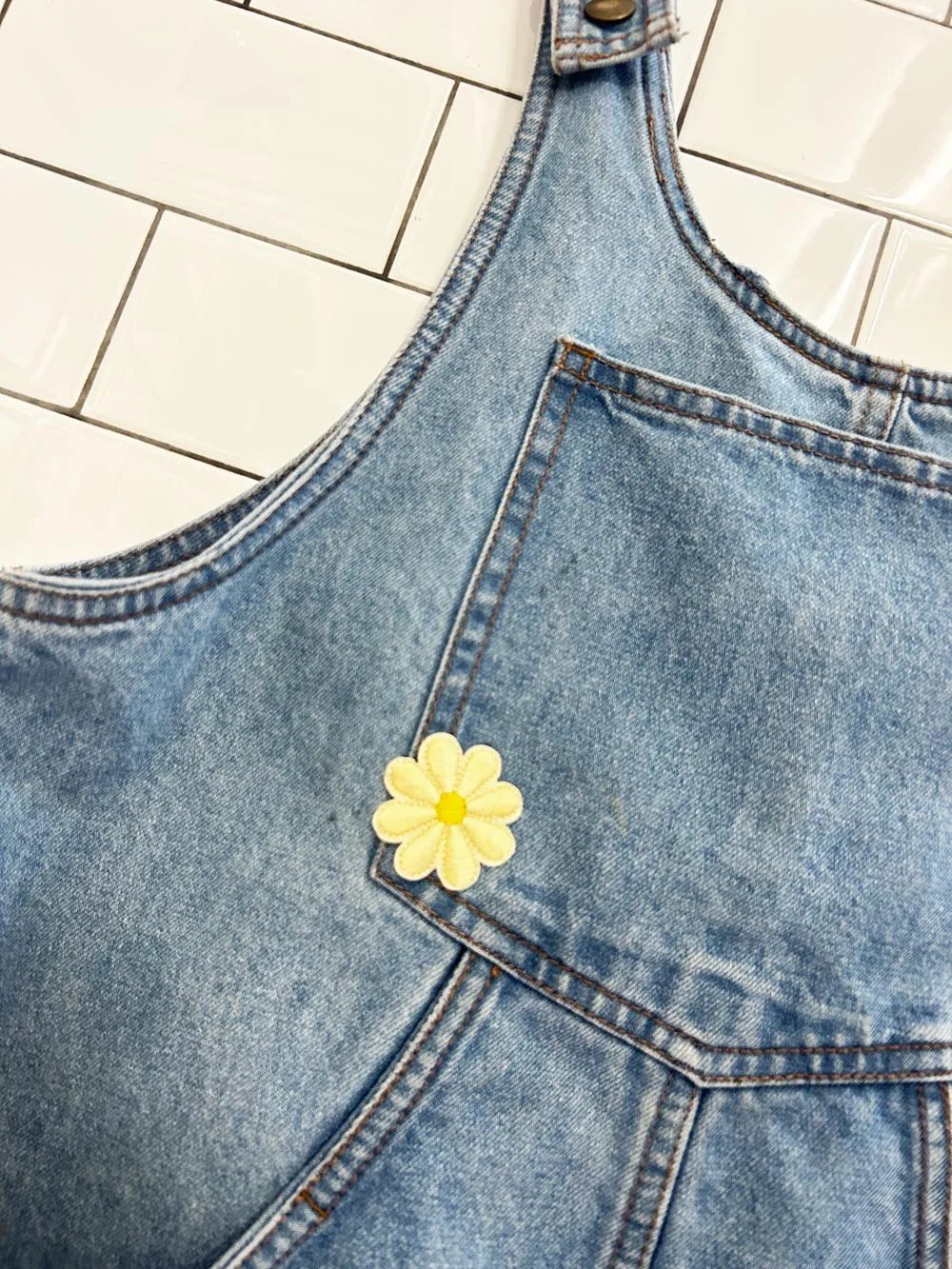 bluenotes rework flower patch denim overalls jumper sold by Good Market Thrift Store product image thumbnail 2