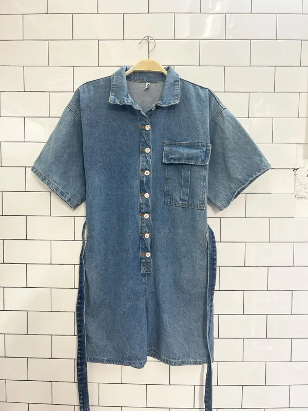 lxq 1/2 button short sleeve denim romper sold by Good Market Thrift Store