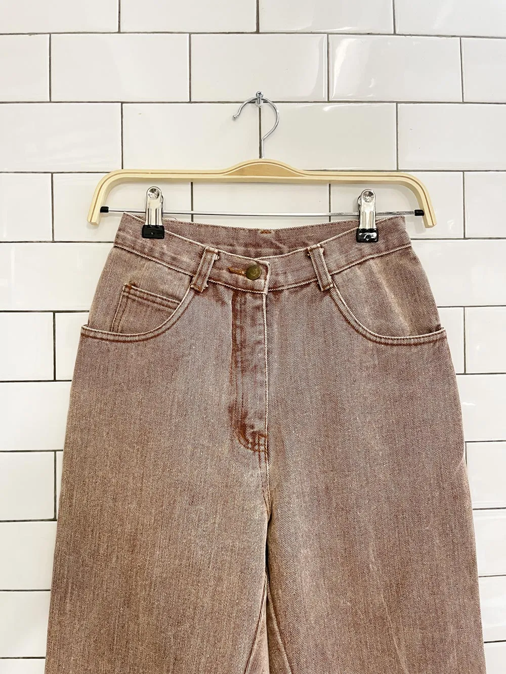 vintage 90s cw brown high rise raw hem tapered jeans sold by Good Market Thrift Store