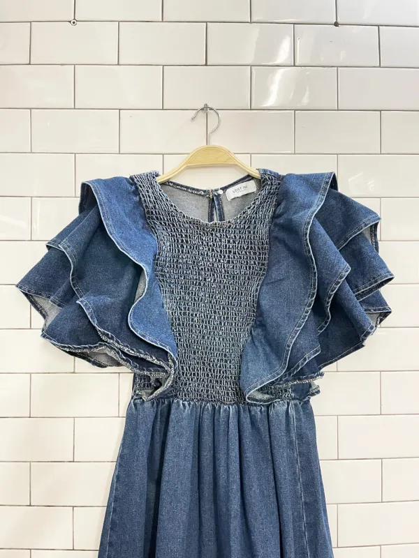 lost ink london smocked ruffle sleeve denim maxi dress sold by Good Market Thrift Store