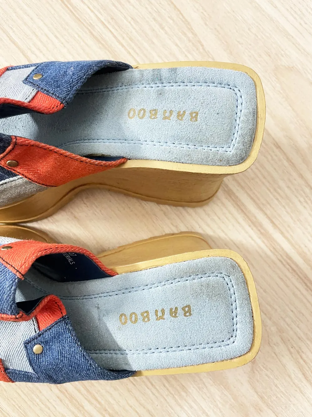 y2k bamboo patchwork denim wedge platform sandals sold by Good Market Thrift Store product image thumbnail 4