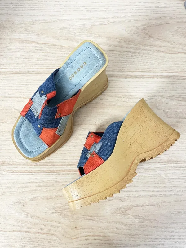 y2k bamboo patchwork denim wedge platform sandals sold by Good Market Thrift Store