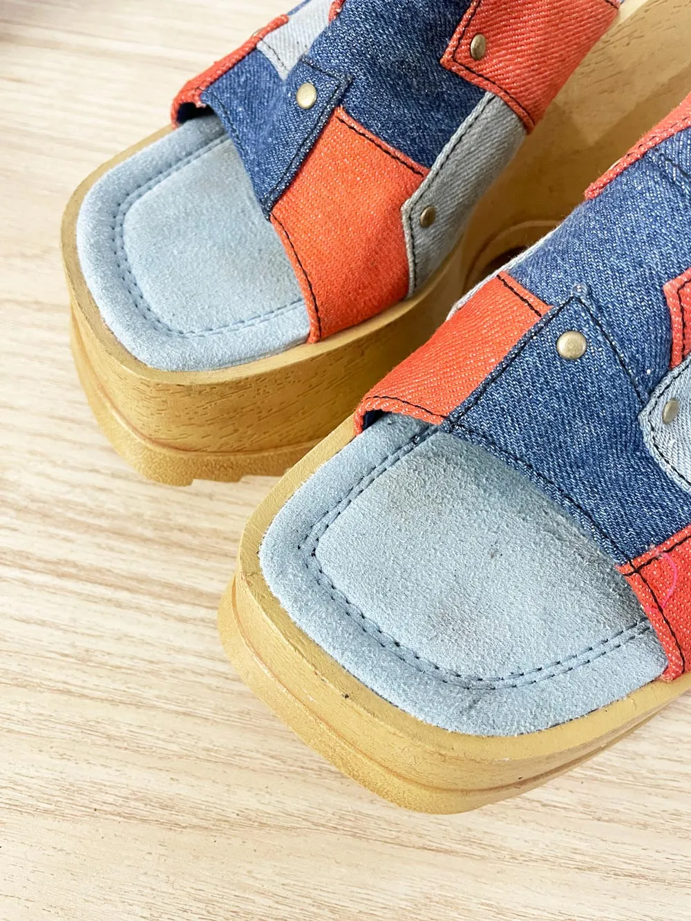 y2k bamboo patchwork denim wedge platform sandals sold by Good Market Thrift Store product image thumbnail 2