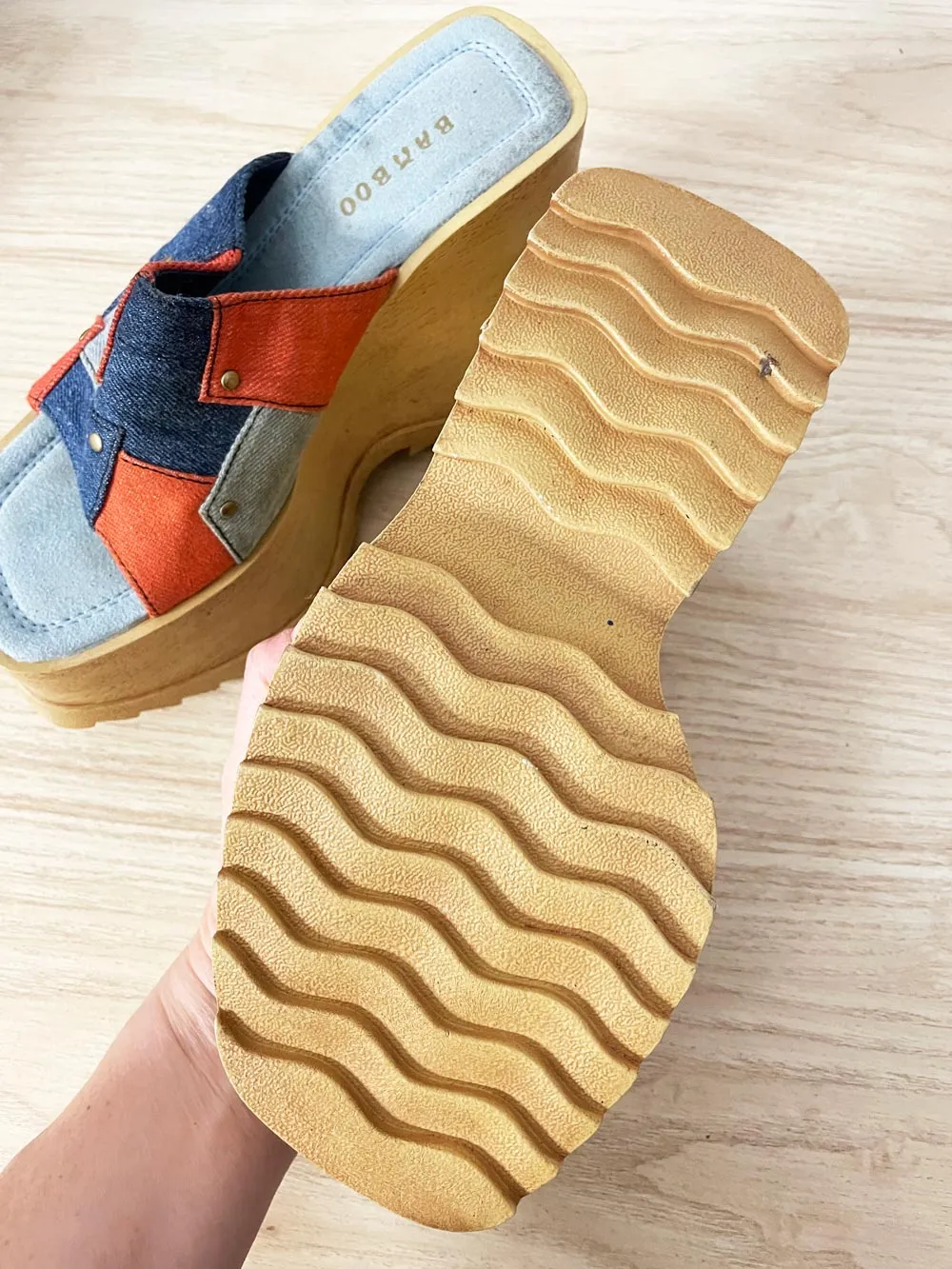 y2k bamboo patchwork denim wedge platform sandals sold by Good Market Thrift Store product image thumbnail 5