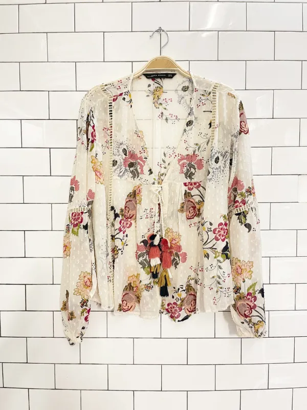 zara embroiderd boho chiffon tassel blouse sold by Good Market Thrift Store