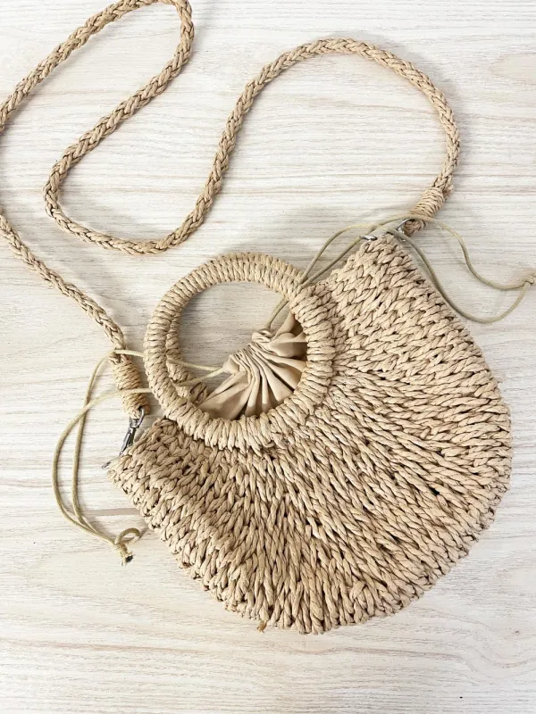 boho straw drawstring lined shoulder bag sold by Good Market Thrift Store