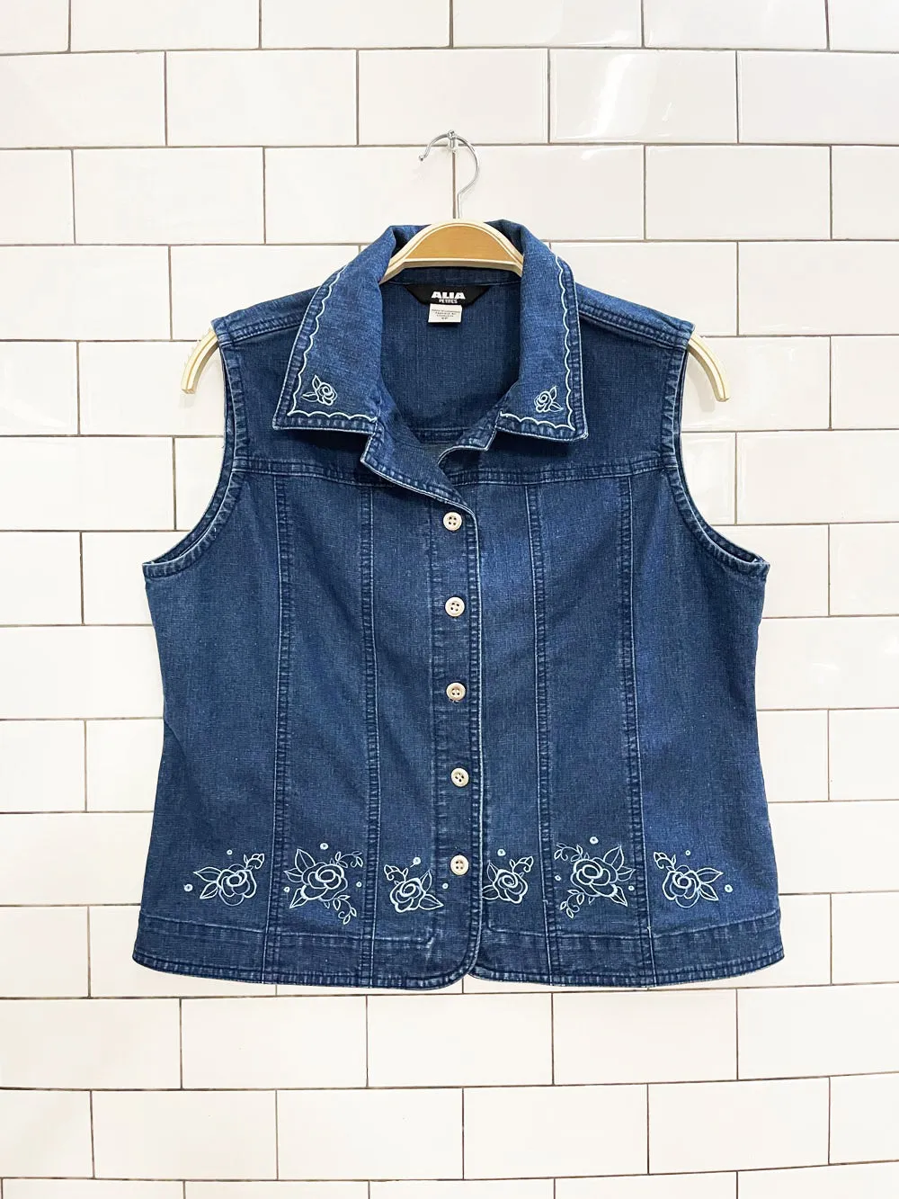 vintage 00s alia embroidered sleeveless denim vest top sold by Good Market Thrift Store