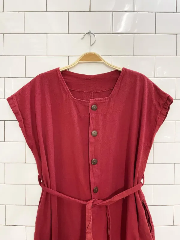 boho textured cotton belted 1/2 button wide leg jumpsuit sold by Good Market Thrift Store